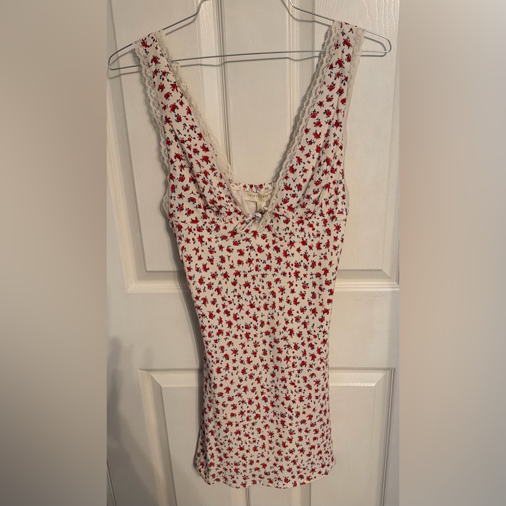 Thirty Thirty Sleeveless Deep V Mini Dress with Lace Trim and Red Rose Print, L